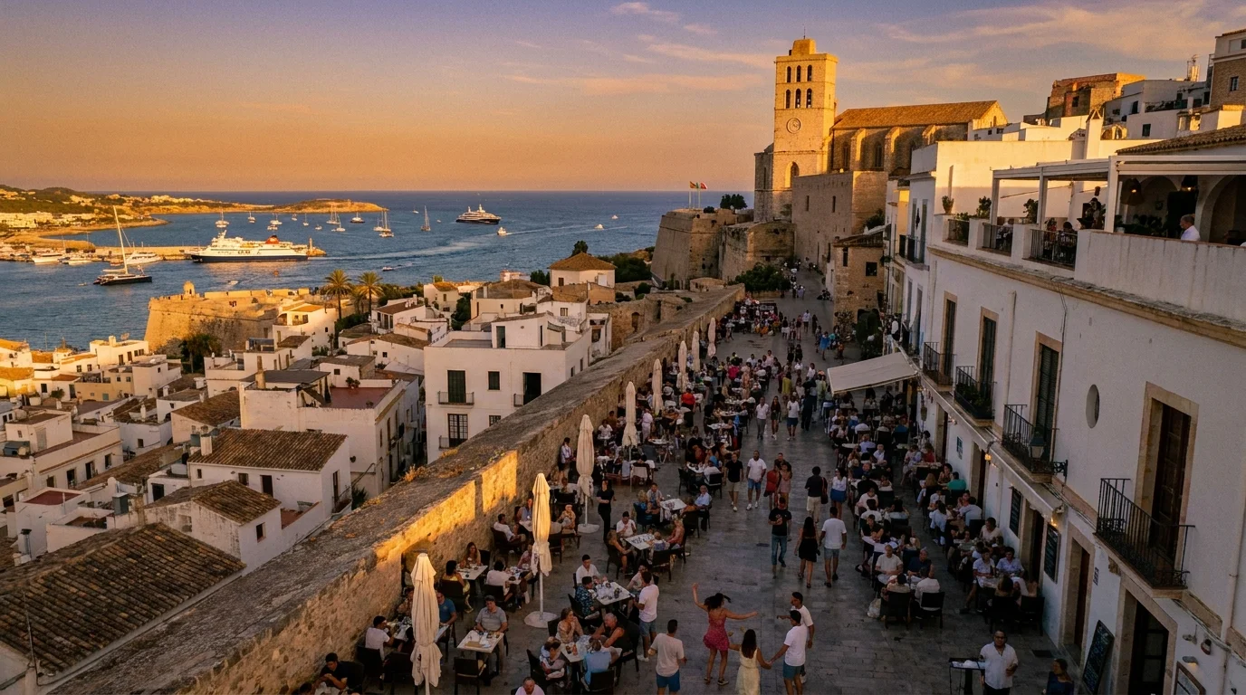 Ibiza old town Dalt Vila with crystal-clear Mediterranean waters