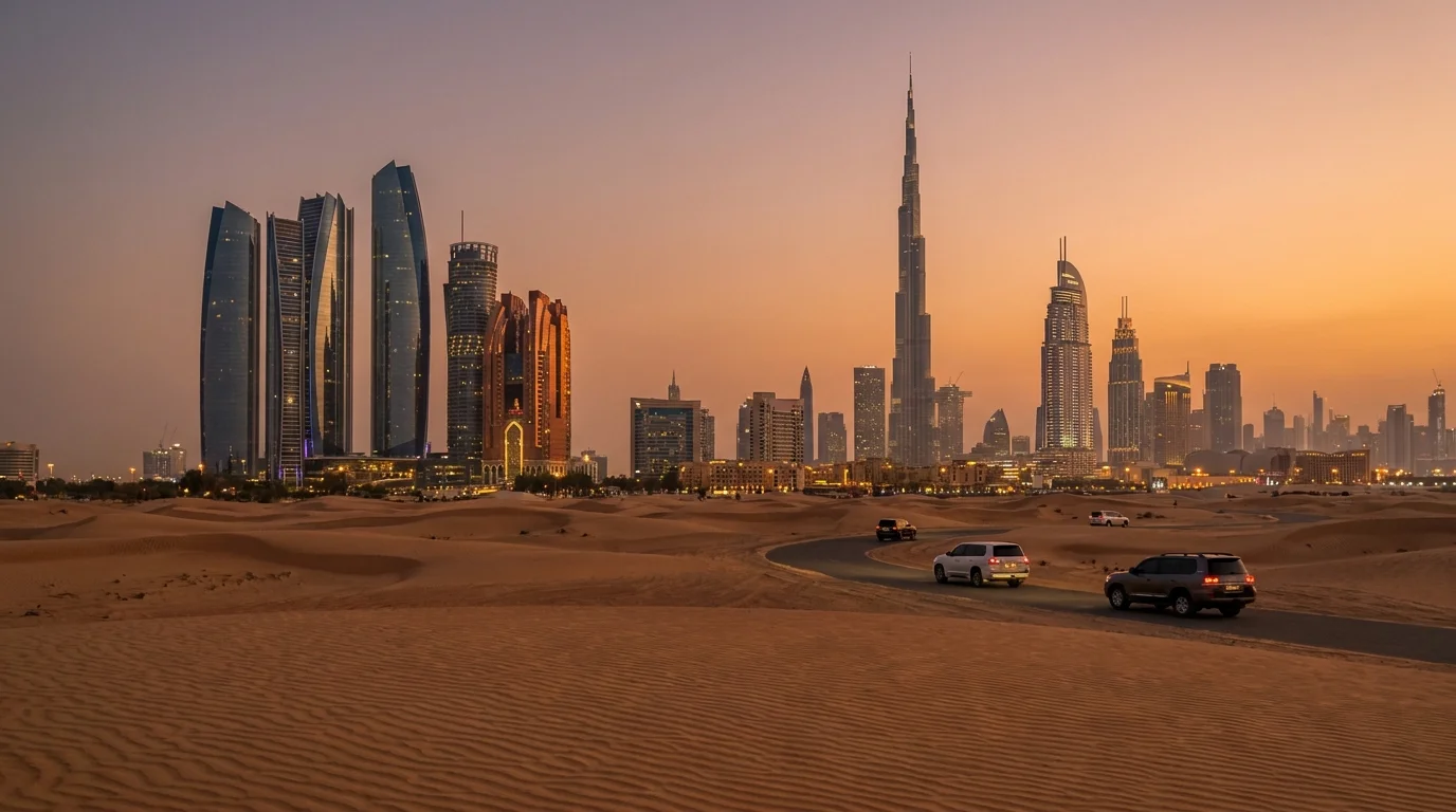 Dubai skyline with Burj Khalifa and modern skyscrapers at sunset